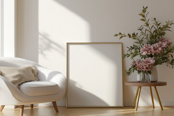 beige wall empty frame for mockup with minimalism vase and armchair