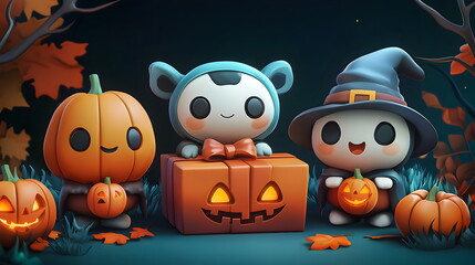 Obraz premium A pastel color vector set of 3 Halloween characters in 3d clay design, a gift box in a Happy Halloween concept, adorable and festive, isolated on a dark background