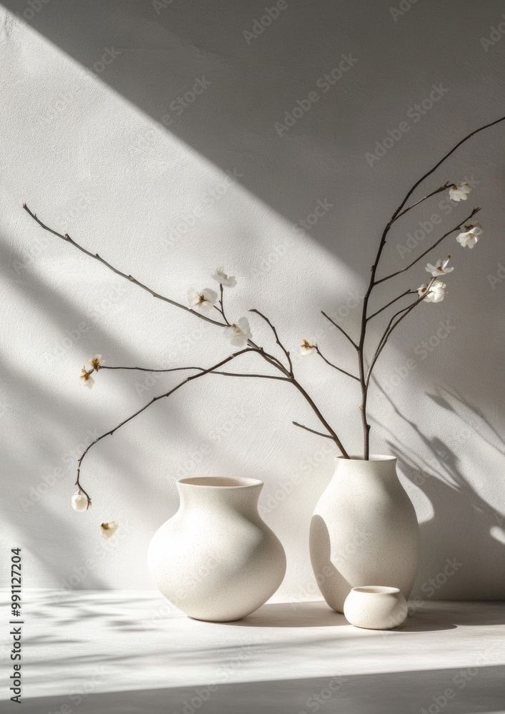 Poster two white vases with branches in them are placed on a white background