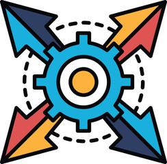 A gear with four arrows pointing in different directions