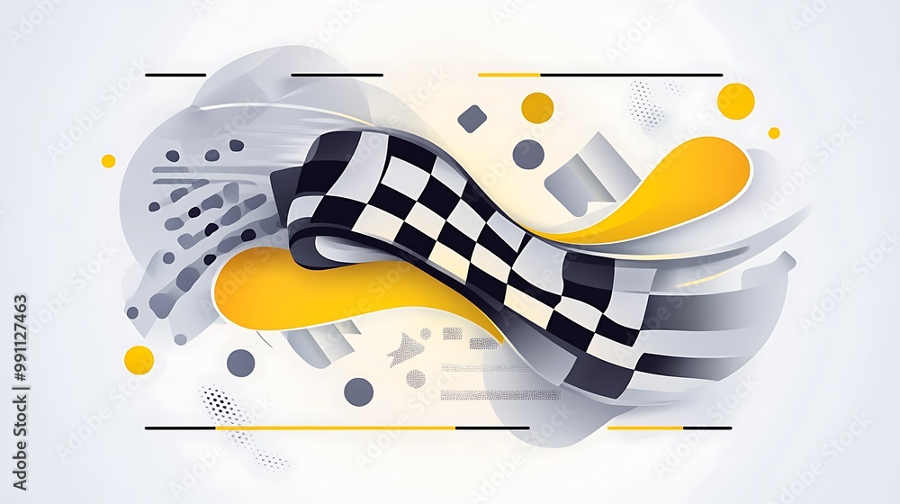 Poster abstract checkered flag design with wavy lines in white, gray, and yellow.