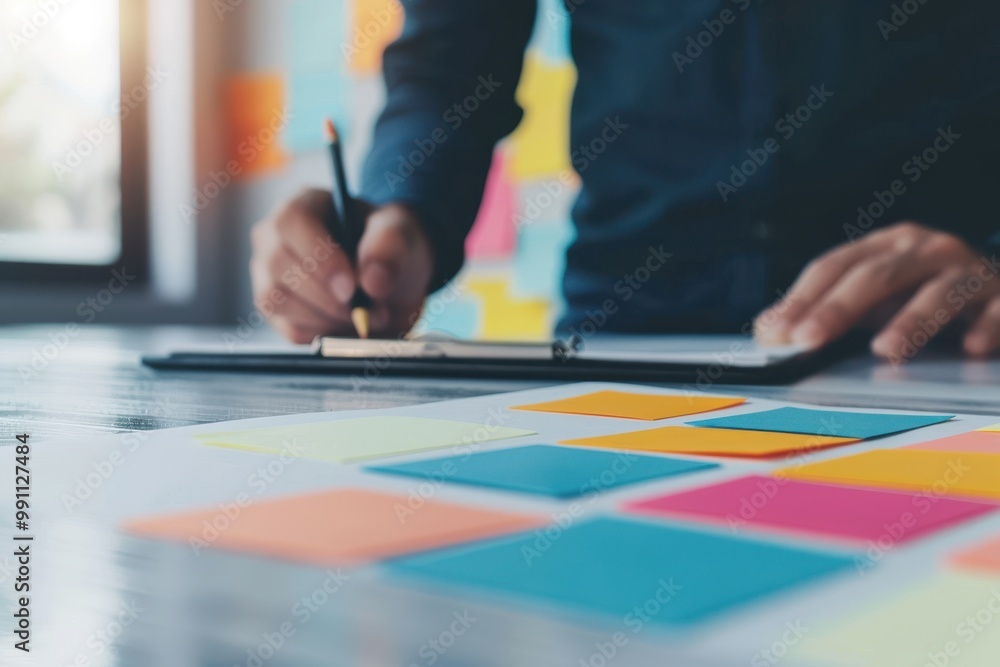 Aufkleber a person writing on a clipboard while organizing tasks with colorful sticky notes on a desk, symboli