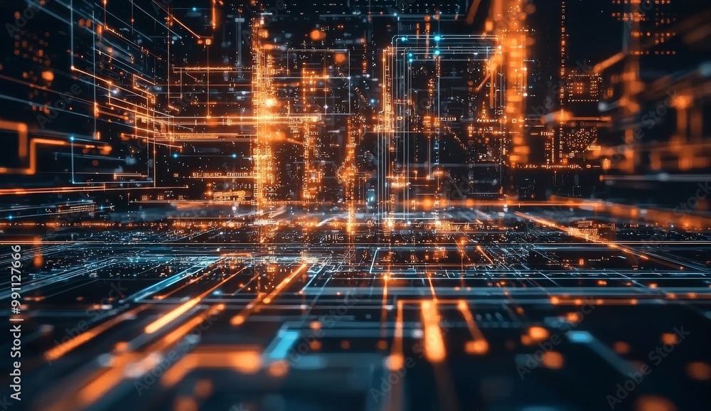Poster 3d rendering of cyberpunk ai. digital chip backplane. digital processor chips. technology background