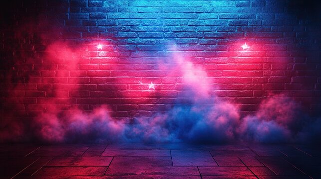 A neon American flag in red and blue, enhanced by smoke, adorns a dark brick wall.