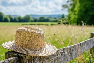 Straw Hat Resting on a Weathered Fence Post in a Rural Field