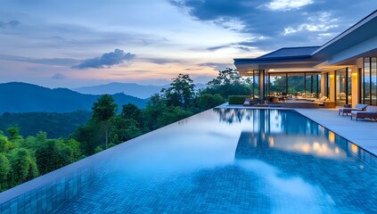 Fototapeta premium Modern infinity pool overlooking a stunning mountain landscape at sunset.
