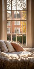 Cozy window nook with soft pillows and warm sunlight illuminating autumn leaves in a quiet neighborhood
