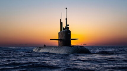 Fototapeta premium A submarine cruises through the ocean during a vibrant sunset.