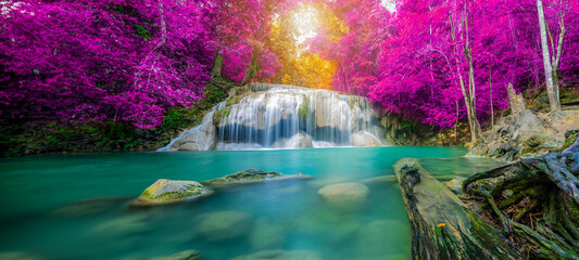 Amazing in nature, beautiful waterfall at colorful autumn forest in fall season	