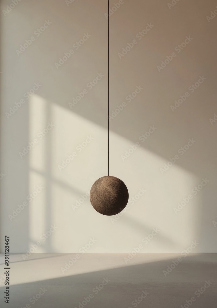 Poster a large, round object hangs from a string in a room with a white wall