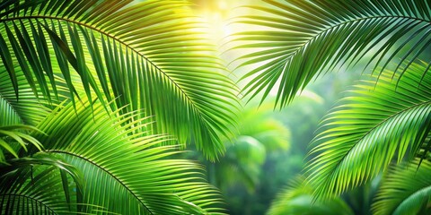 Green palm leaves in a tropical setting, nature, foliage, tropical, exotic, lush, greenery, palm trees, jungle, paradise, botanical