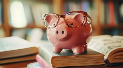 Pink piggy bank wearing glasses perched on a stack of books.