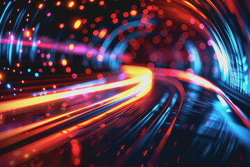 Glossy black surface with glowing red and blue neon lines. represents the data network.