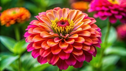 Closeup of a vibrant single zinnia elegans bloom in a garden setting