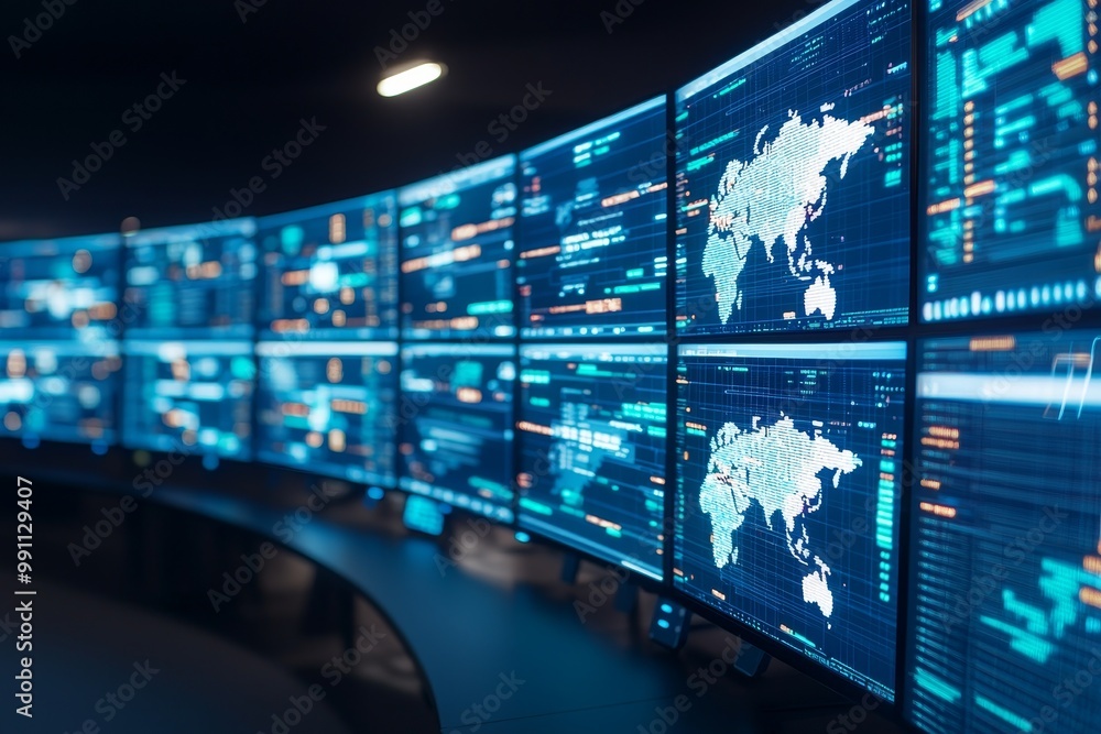 Poster digital screens displaying global data in a high-tech environment.