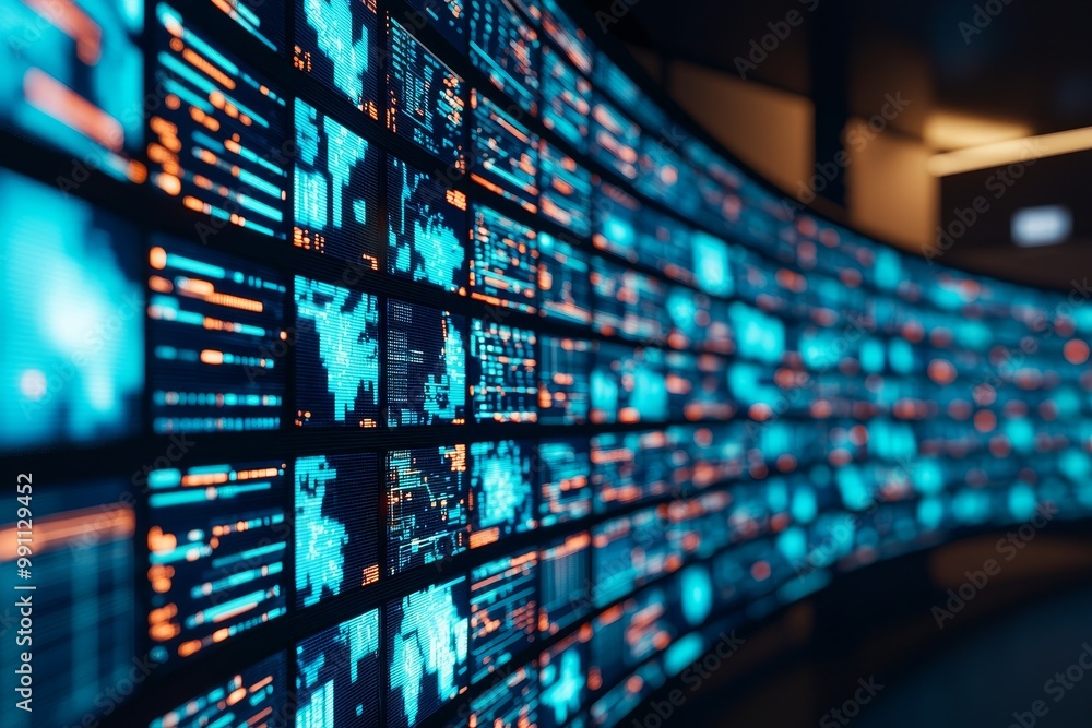 Poster futuristic data visualization screen with digital maps and graphs, dark background.