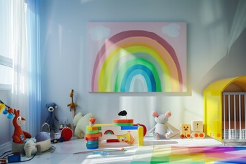 Cheerful children's playroom adorned with a bright rainbow painting, soft toys, and colorful blocks bathed in sunlight.