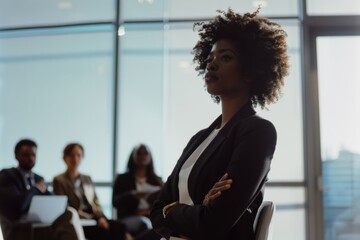 A confident woman in a business setting, arms crossed, exudes determination and authority, framed by a blurred background of colleagues and large windows.