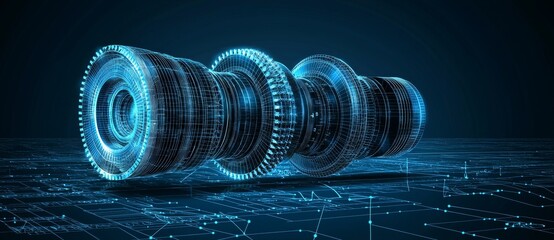 3D rendering of blueprints for an engineer technician who designed a mechanical gear engine. Industry Business Industrial Technology Abstract Presentation Cover Banner Background.