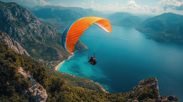 A paraglider soars through a blue sky, surrounded by natural beauty.