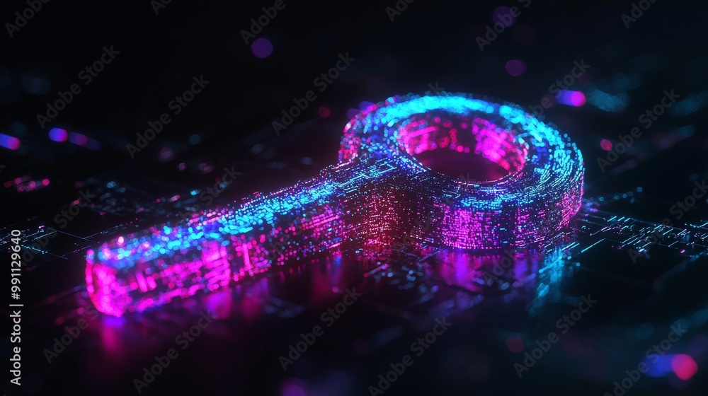 Poster this 3d rendering shows an icon of a pink and blue neon light key that is part of the security techn
