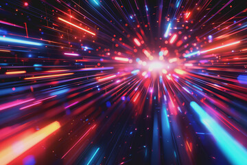 Fototapeta premium Glossy black surface with glowing red and blue neon lines. represents the data network.