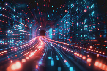 Fototapeta premium Glossy black surface with glowing red and blue neon lines. represents the data network.