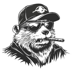 Logo, vector style, black and white, simple design of an angry beaver wearing sunglasses 