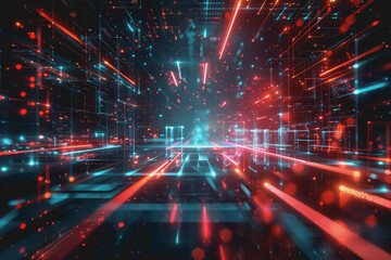 Fototapeta premium Glossy black surface with glowing red and blue neon lines. represents the data network.