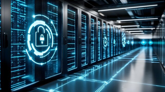 High-tech data center with secure server racks and digital lock symbols.