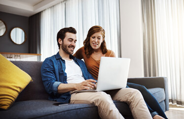 Home, relax and couple with laptop on sofa for online travel booking, planning and information....