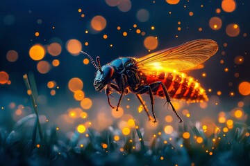 Glowing Insect with Wings Spread in a Field of Lights