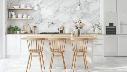 A modern living room and kitchen with white color scheme. 3d rendering