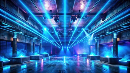 Smoke-filled futuristic neon club with a glowing blue ceiling, concrete grunge walls, and laser show on stage in a rendering, Smoke