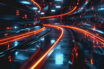Fototapeta premium Glossy black surface with glowing red and blue neon lines. represents the data network.