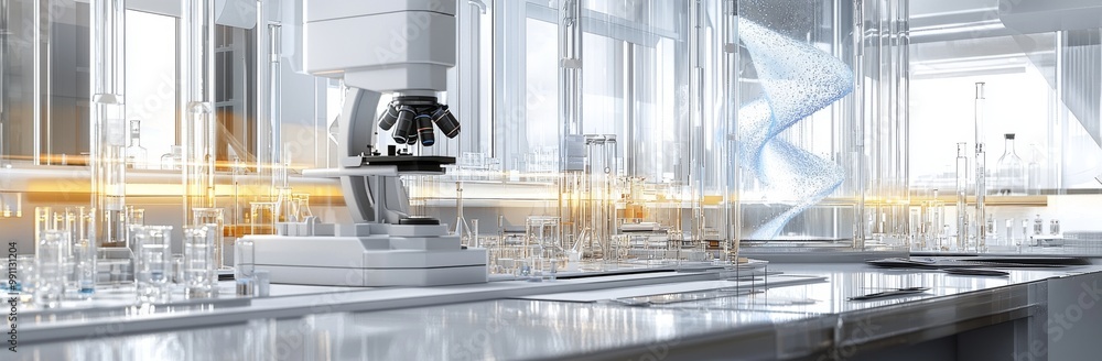 Poster a modern laboratory concept with a microscope and test tubes in 3d