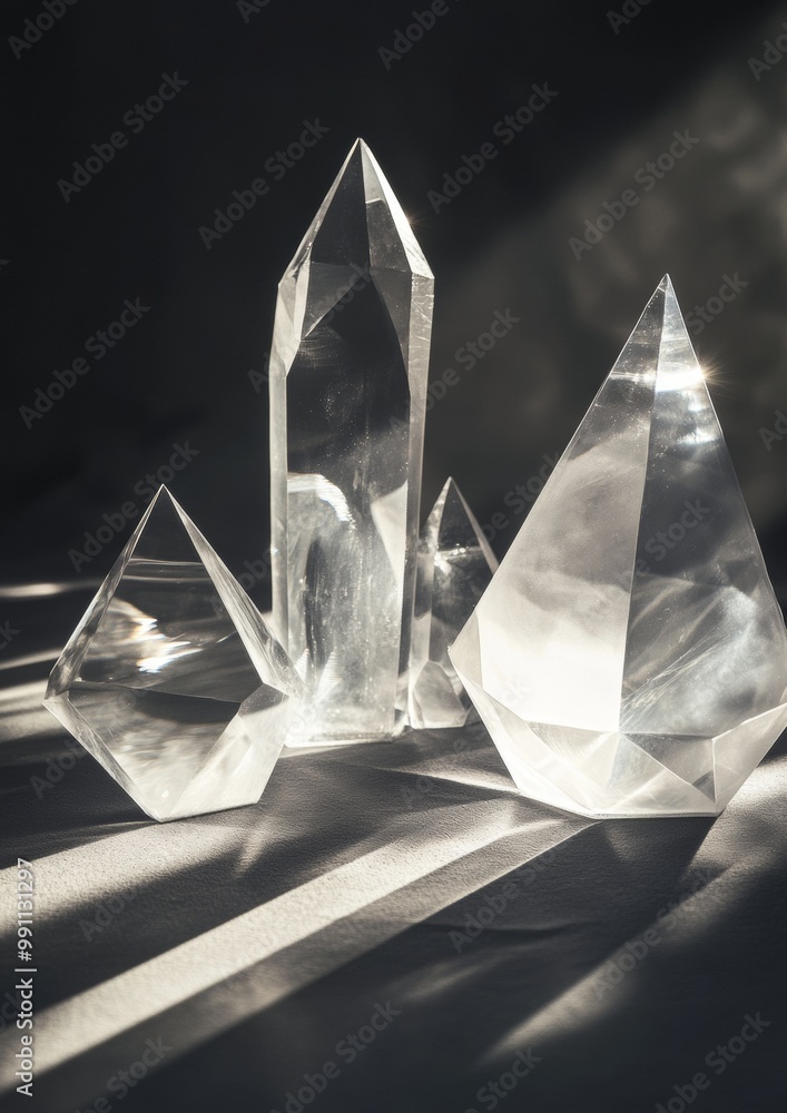 Poster three crystal shaped objects are on a table
