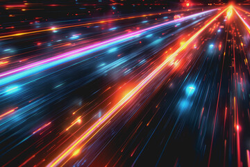 Obraz premium Glossy black surface with glowing red and blue neon lines. represents the data network.