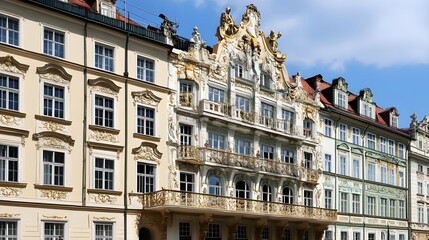 Fototapeta premium Historic building facade with intricate designs against a clear blue sky.