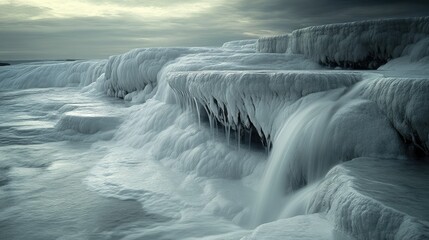 Long exposure shot of water gently cascading over the Pamukkale terraces, creating a smooth, dreamlike effect.