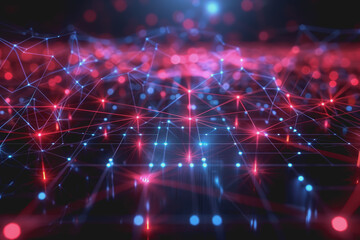 Glossy black surface with glowing red and blue neon lines. represents the data network.