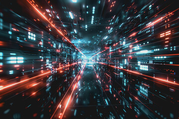 Glossy black surface with glowing red and blue neon lines. represents the data network.