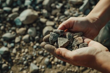A pair of hands holding several small rocks outdoors, with blurred pebbly ground in the background.