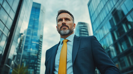 Fototapeta premium A businessman in a tailored suit walking confidently through a modern city center