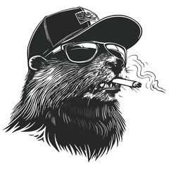 Logo, vector style, black and white, simple design of an angry beaver wearing sunglasses  © RABBI