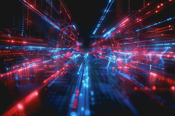 Fototapeta premium Glossy black surface with glowing red and blue neon lines. represents the data network.