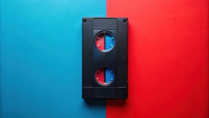 Fototapeta premium Black vintage VHS videotape on red and blue background, retro, VHS, video cassette, analog, magnetic tape, old technology