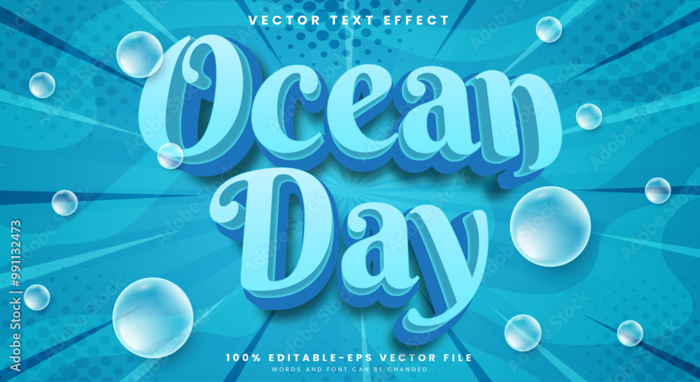 Poster ocean day editable text effect template in modern 3d style with concept of waves