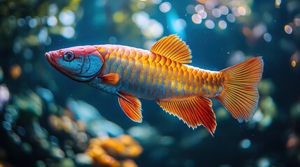 Obraz premium A red arowana fish swims in an illuminated blue aquarium.