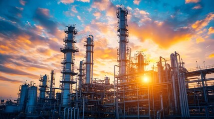 Fototapeta premium A large industrial plant with a sunset in the background. The sky is filled with clouds, and the sun is setting, casting a warm glow over the scene. The atmosphere is serene and peaceful